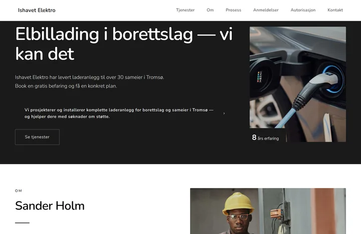 Eksempelside for et elektrikerfirma, laget med Veldia